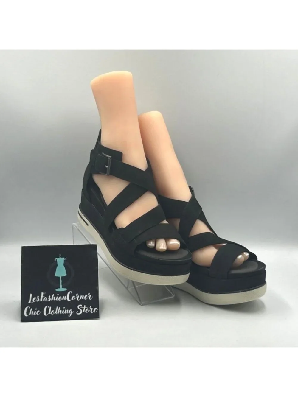 Eileen Fisher Women's Black Suede Strappy Boost Wedge Sandal Size 9 3760